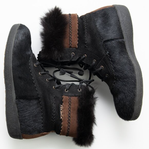 Tecnia Fur Snow Boots Cowhide Vintage 1990s Black Brown Size 38 New Without Box - Picture 3 of 9